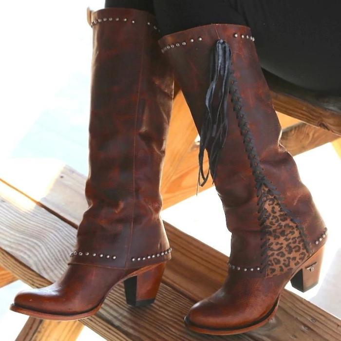 Knee High Print Trim Leather Lace Boots