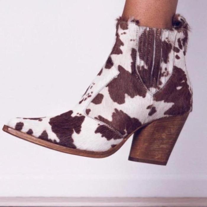 Leopard PU artificial leather chunky heel boots