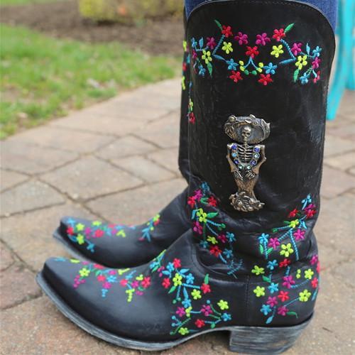 Flower Printed Chunky Heel Boots