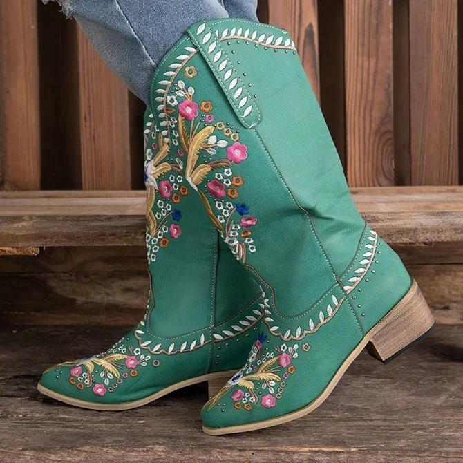 Green Block Heel Embroidery Fall Boots