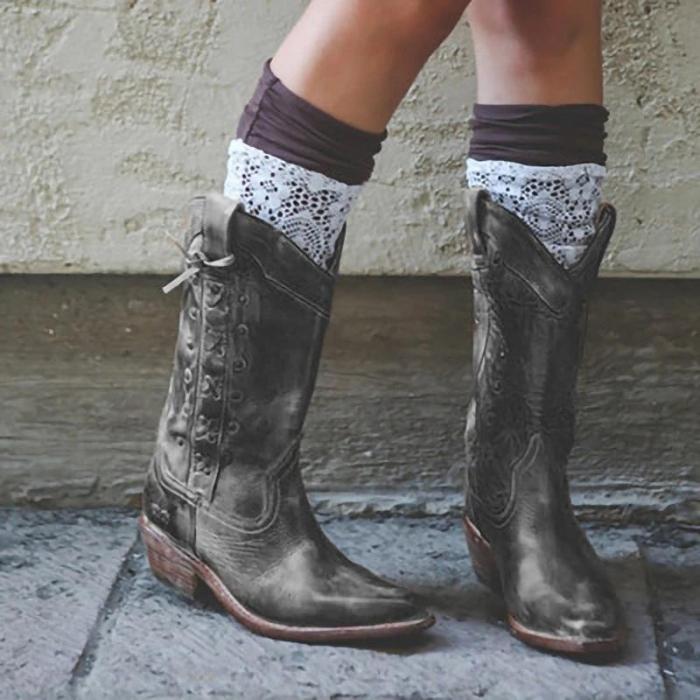 Women Zipper Pointed Toe Vintage Cowboy Boots