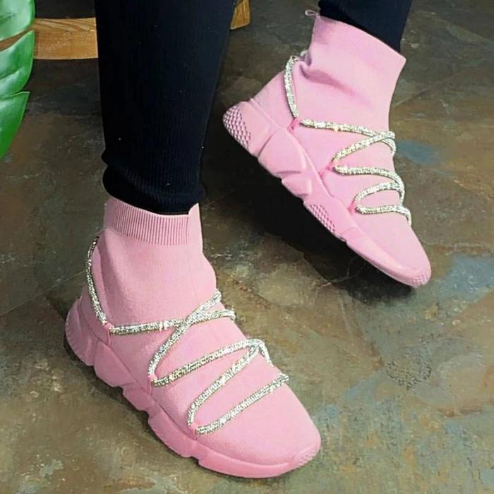 Women Stylish Flyknit Fabric Bling Slip On Platform Sock Sneakers