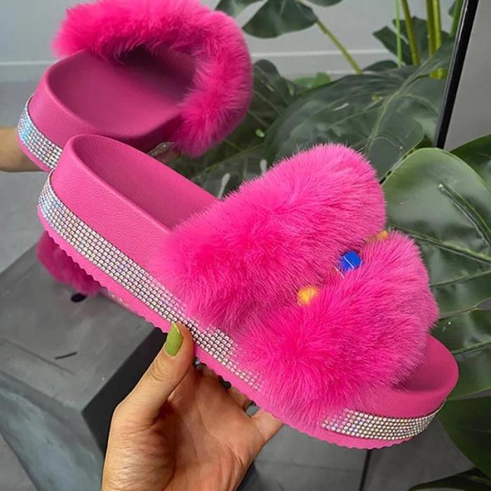 Women Trendy Fluffy Fur Colorful Rhinestones Open Toe Slip On Platform Slippers