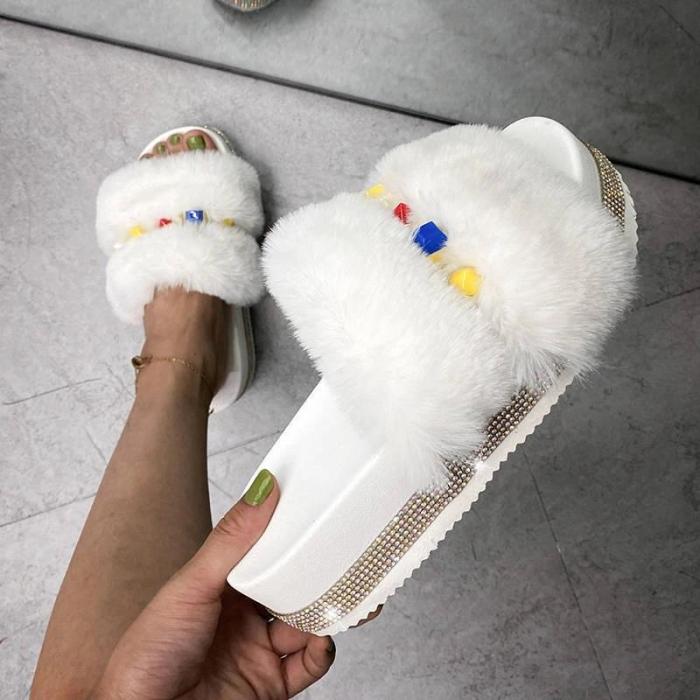 Women Trendy Fluffy Fur Colorful Rhinestones Open Toe Slip On Platform Slippers