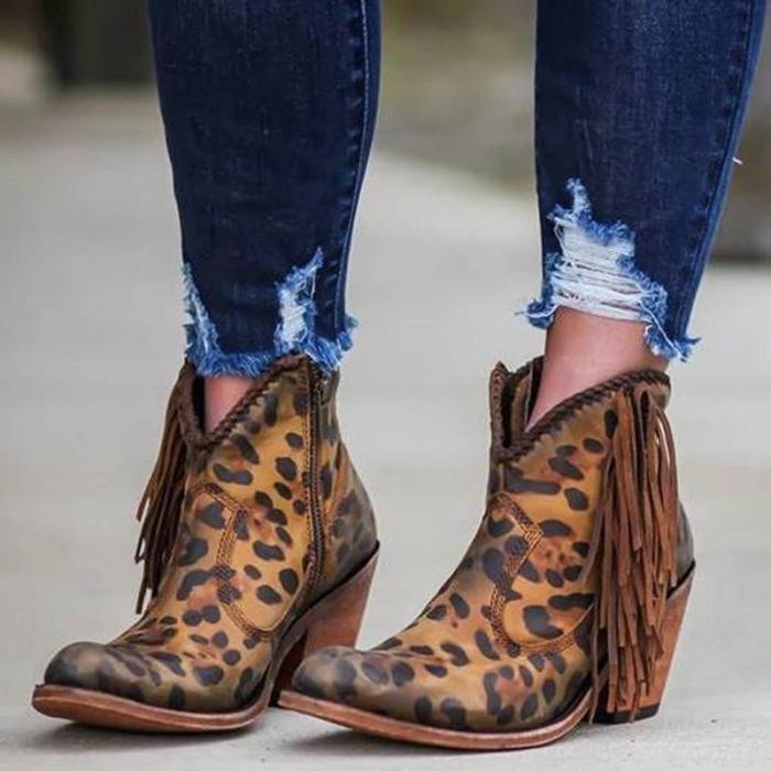 Fashion Leopard Tassel Low Heel Shoes Non-Slip Boots