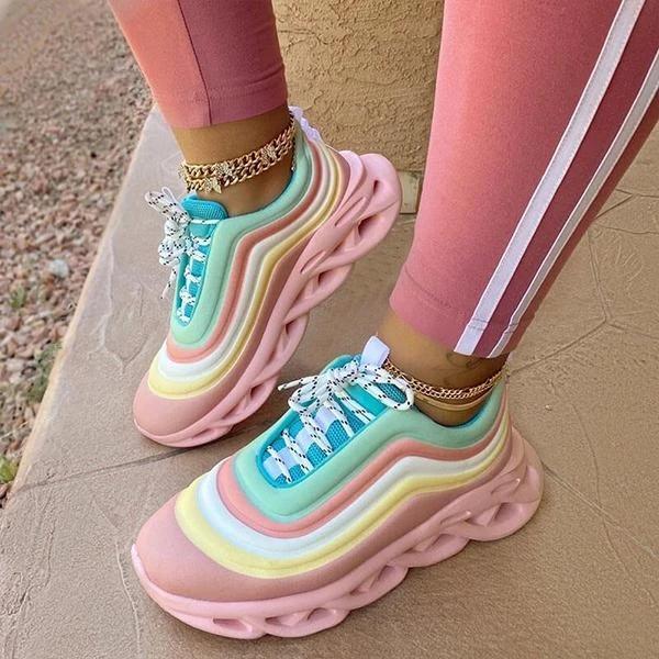 Women Fashion Rainbow Hit Color Stripe Lace Up Platform Sneakers