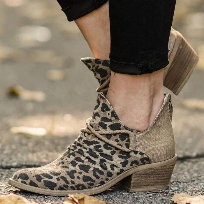 Women Stylish Canvas Leopard Mixed Colors Split Joint Zipper Ankle Boots