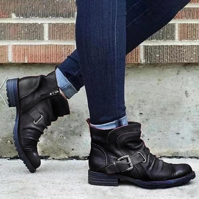 Women‘s Retro Casual Soft Leather Pleated Zipper Belt Buckle Low Heel Ankle Boots