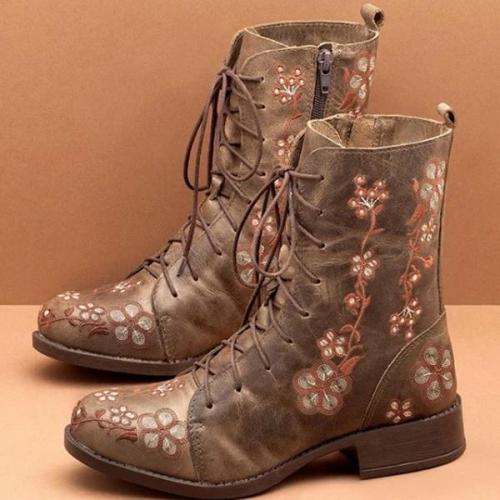 Women Retro Flowers Embroidered Leather Strappy Zipper Block Heel Mid Calf Boots