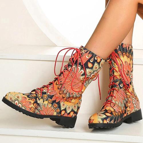 Floral Block Heel Round Toe Lace-up Mid-calf Cowboy Boots