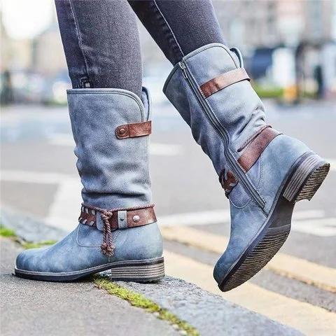 Women's Buckle Zipper Mid-Calf Boots