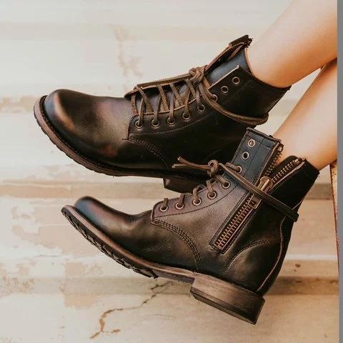 Women's Fashion Ankle Booties Lace Up Zipper Low Heel Martin Boots