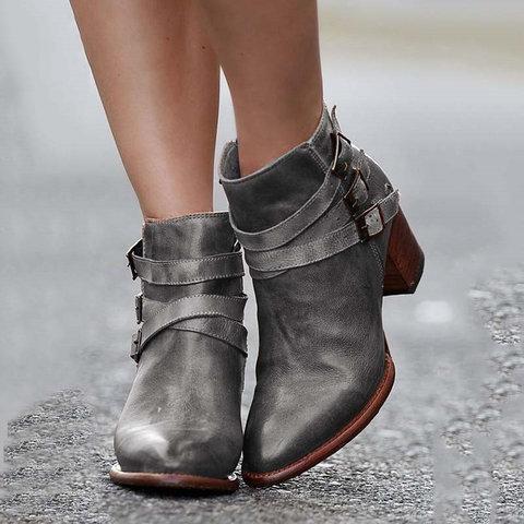 Women Ankle Boots Chunky Heel Back Zipper Casual Short Booties
