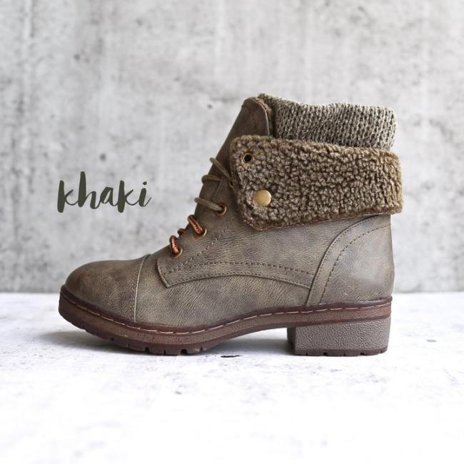 Fashion Handmade Leather Knit Cuff Ankle Boots
