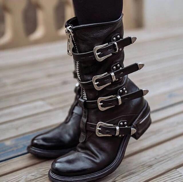 Women's Stylish Buckle Zipper Low Heel Mid-calf Boots