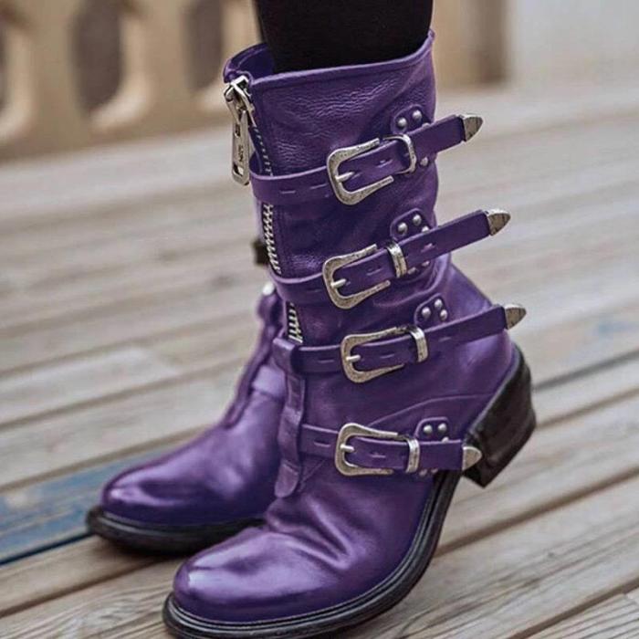 Women's Stylish Buckle Zipper Low Heel Mid-calf Boots