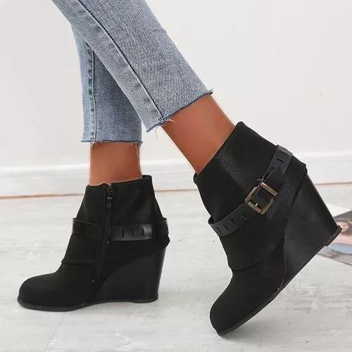 Women's Buckle Zipper Ankle Boots Closed Toe Wedge Heel Boots