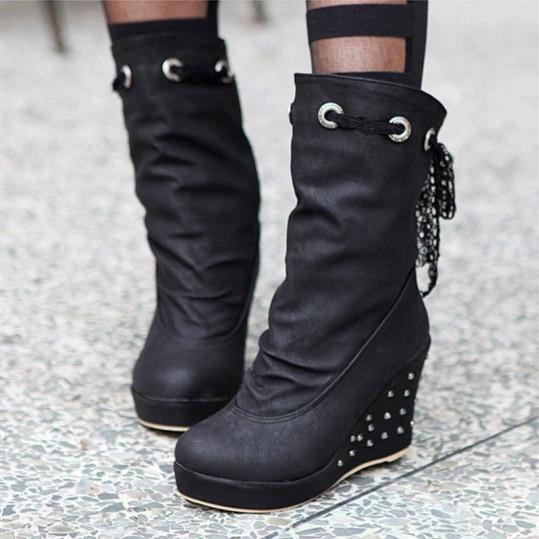 Fashion wedge heel lace high heel women's boots