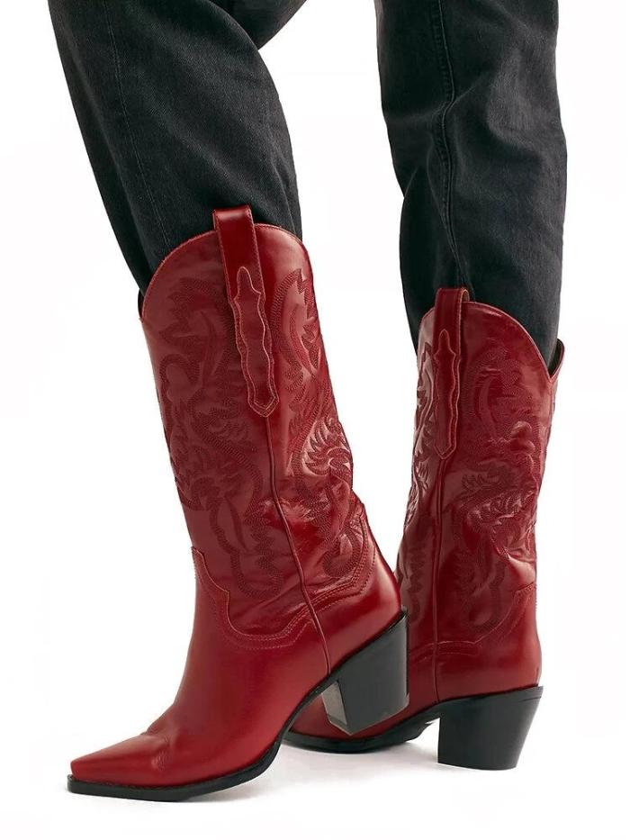 Plus Size Retro Women Pattern PU Western Embroidered Chunky Heel Mid-calf Cowboy Boots