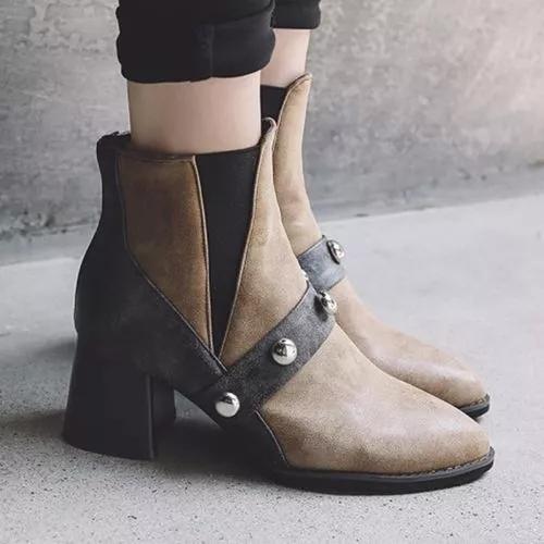 Women's Beading Ankle Boots Pointed Toe Heels Leatherette Chunky Heel Boots