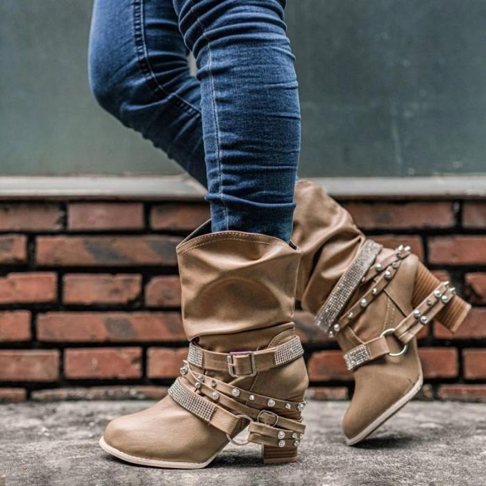 Women Fashion Rhinestone Rivet Kitten Heel Slip On Wide Calf Mid-calf Boots
