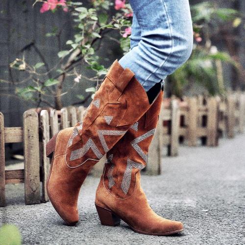 Women Plus Size Fashion Wide Calf Chunky Heel Cowboy Boots