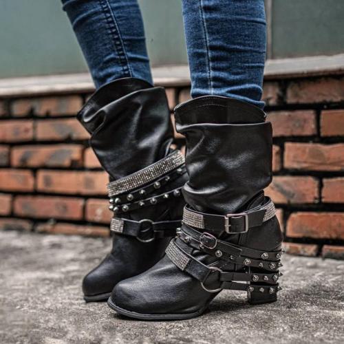 Women Fashion Rhinestone Rivet Kitten Heel Slip On Wide Calf Mid-calf Boots