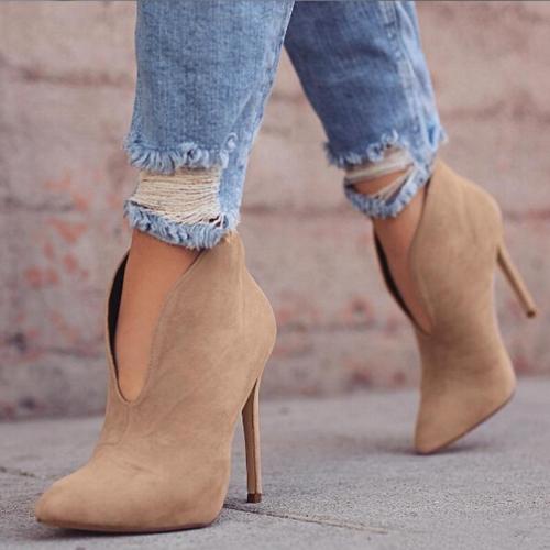 Ankle Boots Pointed Toe V Shape Cut Suede Pumps