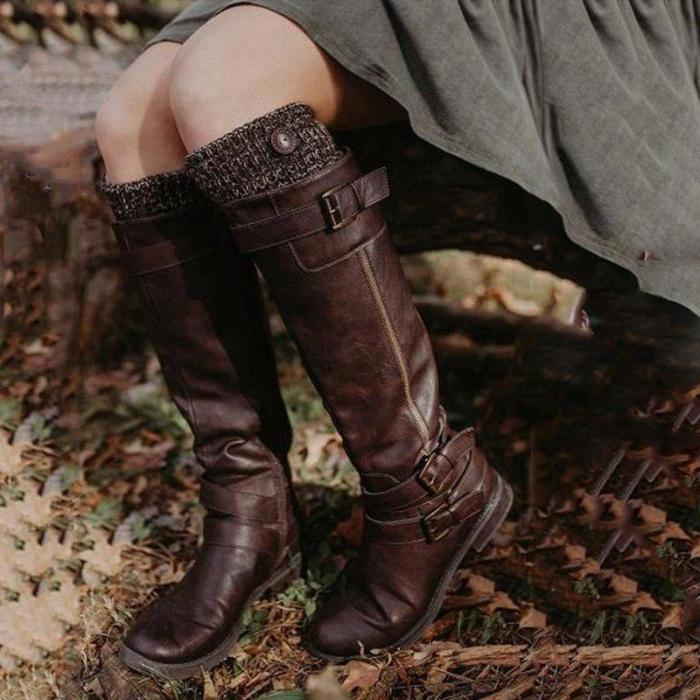 Brown Daily Women Buckle Knee High Boots