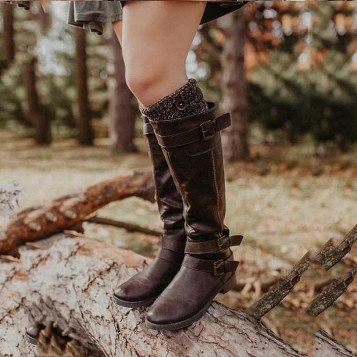 Brown Daily Women Buckle Knee High Boots