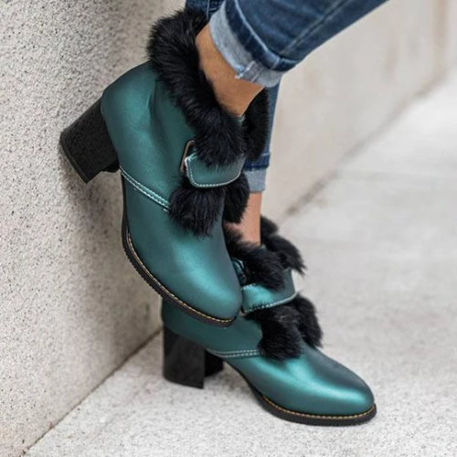 Women's Stylish Furry Chunky Heel Ankle Boots