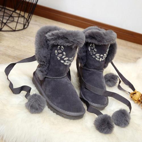 Women's Comfy Rhinestone Detailing Suede Fluffy Snow Boots