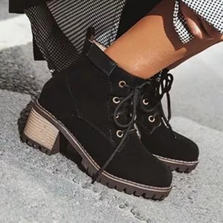 Women's Lace-up Ankle Boots Round Toe Heels Leatherette Chunky Heel Boots