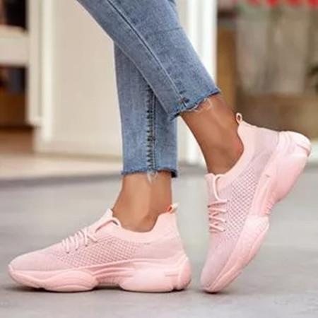 Women's Lace-up Round Toe Fabric Flat Heel Sneakers