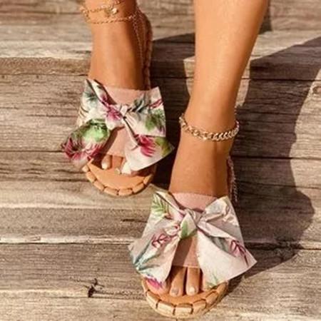 Women's Bowknot Flower Round Toe Cloth Flat Heel Slippers