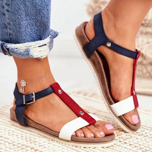 Women Simple Elegant Pu Color-Blocking Adjusting Buckle Flat Sandals