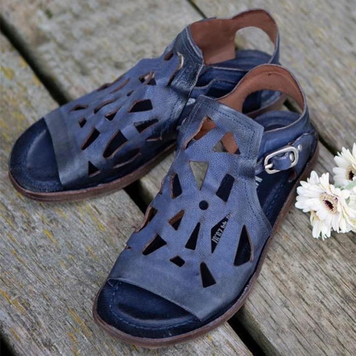 Women Casual Retro Pu Hollow-out Adjusting Buckle Flat Sandals