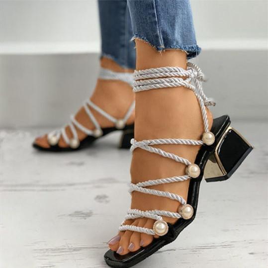 Women's Stylish Rhinestone Bow Strap Chunky Heel Sandals