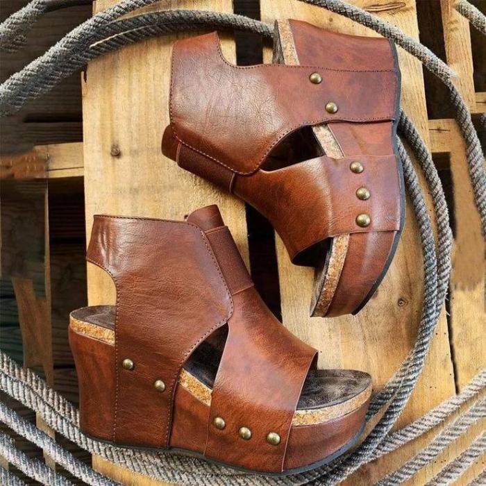 Women‘s Fashionable Retro Western Style Wedge Sandals