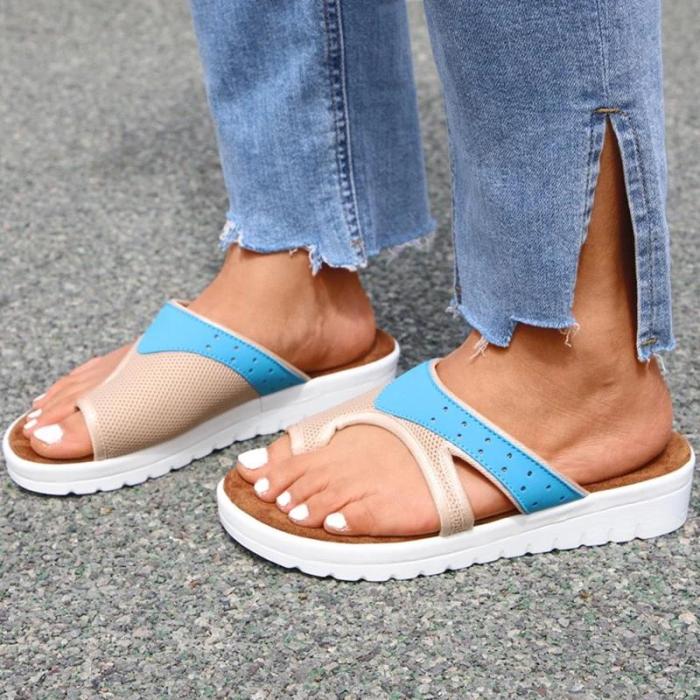 Women Casual Daily Pu Color-Blocking Toe Loop Flat Sandals