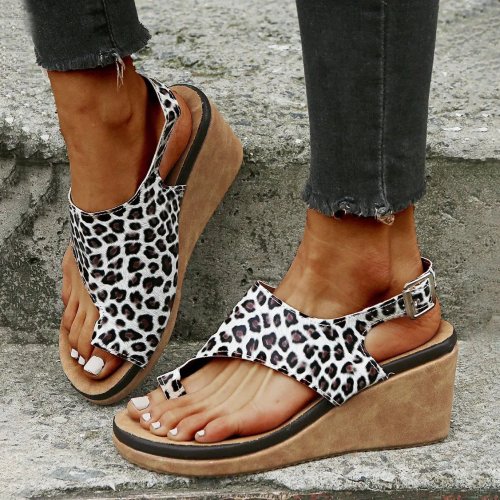 Women's Leopard Print Toe-Strap Wedge Sandal
