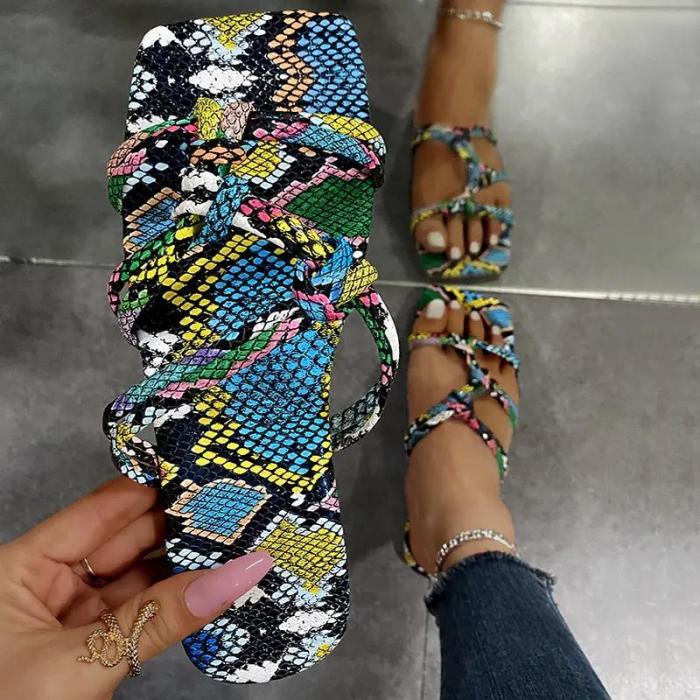 Women‘s Fashion Color Snake Print Flat Bottom Slippers