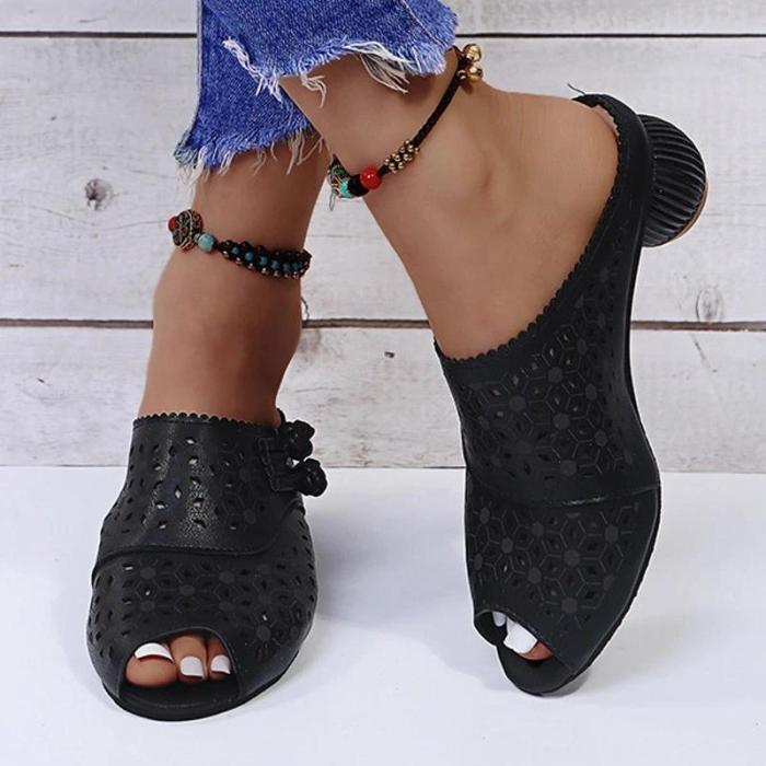 Women Elegant Daily Pu Peep Toe Hollow-out Chunky Heel Sandals