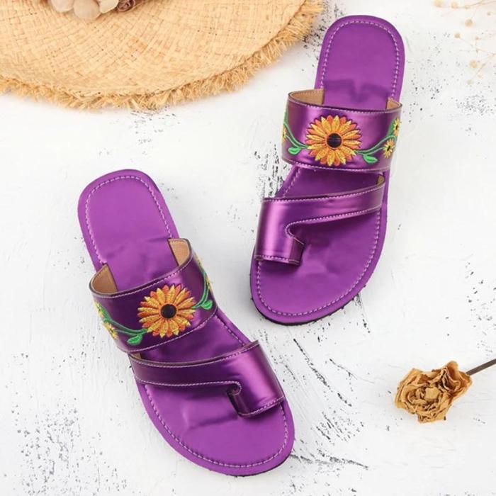 Women Casual Fahion Pu Floral Embroidery Toe Loop Platform Sandals Slippers