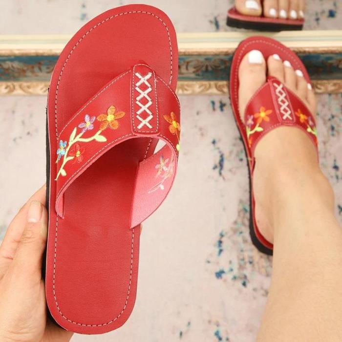 Women Casual Fahion Pu Floral Embroidery Flip-flop Platform Sandals