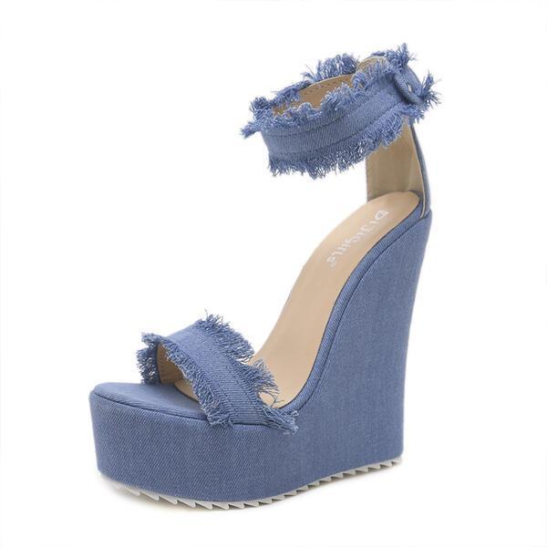 Women's Canvas Wedge Heel Sandals Pumps Wedges Peep Toe Round Toe With Buckle Solid Color shoes