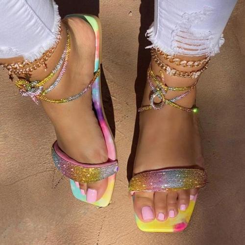 Women Fashion Web Celebrity Style Pu Rhinestone Lace-up Flat Sandals