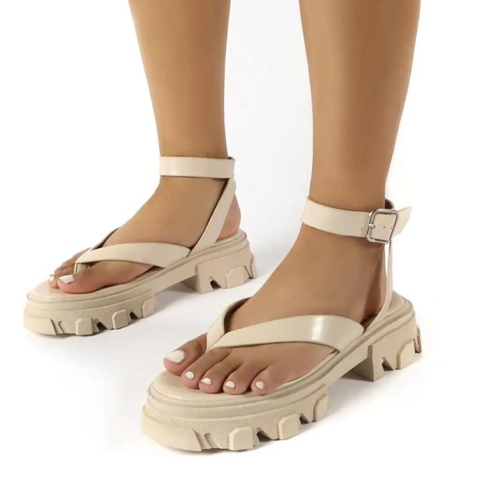 Women's Pu Chunky Sole Ankle Wrap Thong Strap Sandals