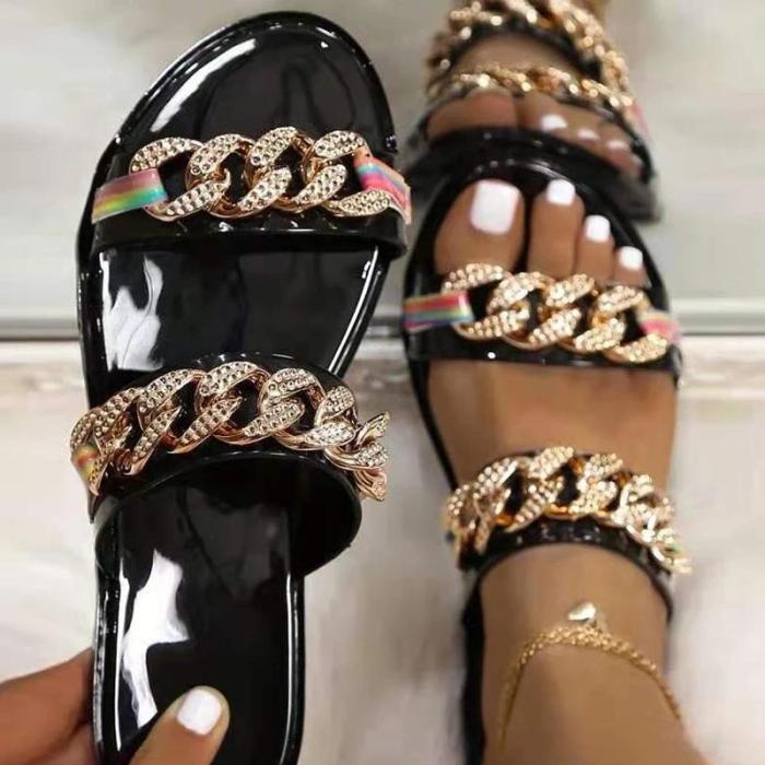 Women Casual Fashion Pu Chic Chain Rhinestone Flat Sandals