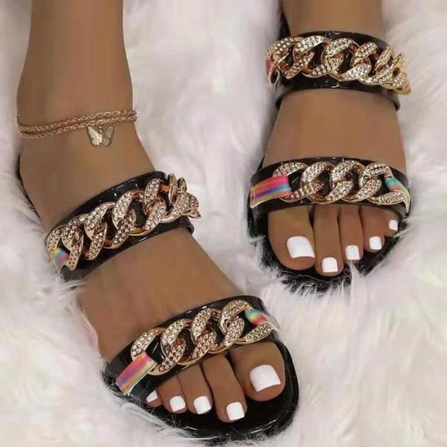 Women Casual Fashion Pu Chic Chain Rhinestone Flat Sandals